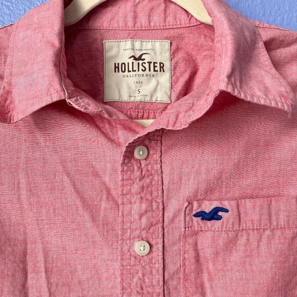 Mens Hollister Button Up Shirt Red/Pink Solid Long Sleeve 100% Cotton 00s Preppy - Picture 4 of 7